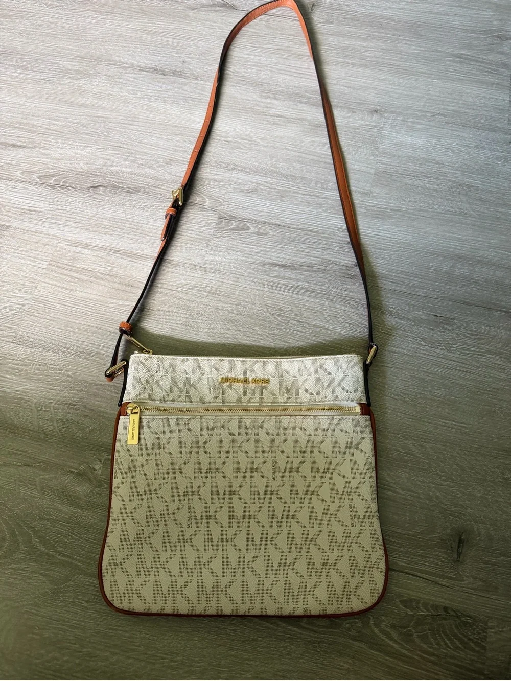 Michael Kors Cream and Brown MK Logo Crossbody Shoulder Bag